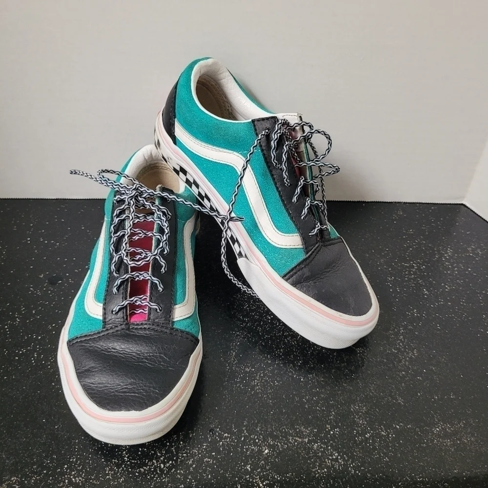 Vans Black, Teal, And Pink Leather Suede Old Skool Sneakers